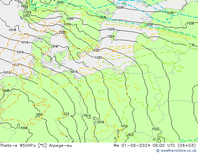 Theta-e 850hPa Arpege-eu śro. 01.05.2024 09 UTC