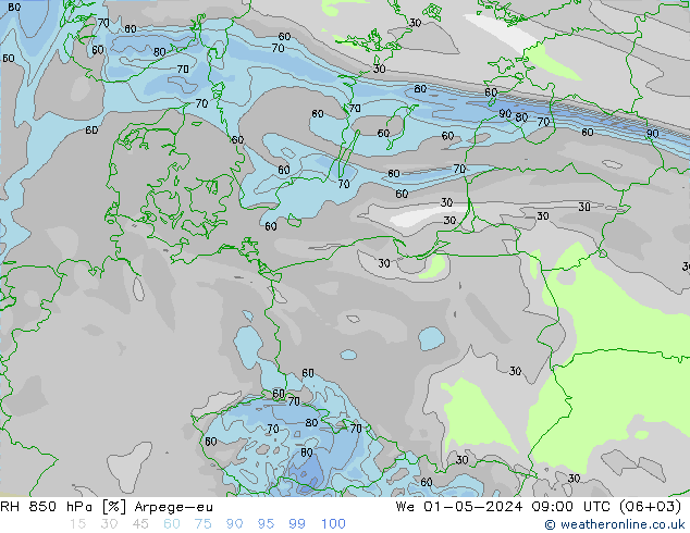 RH 850 hPa Arpege-eu We 01.05.2024 09 UTC