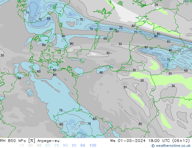 RH 850 hPa Arpege-eu mer 01.05.2024 18 UTC