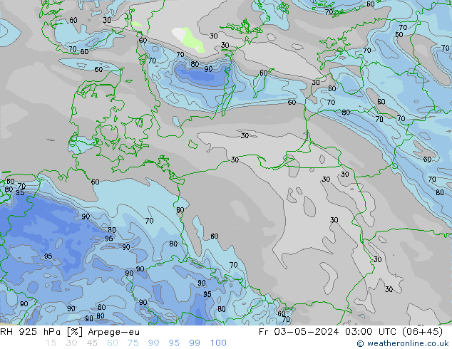 RH 925 hPa Arpege-eu ven 03.05.2024 03 UTC