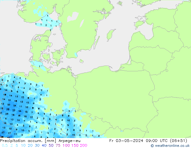 Precipitation accum. Arpege-eu Fr 03.05.2024 09 UTC