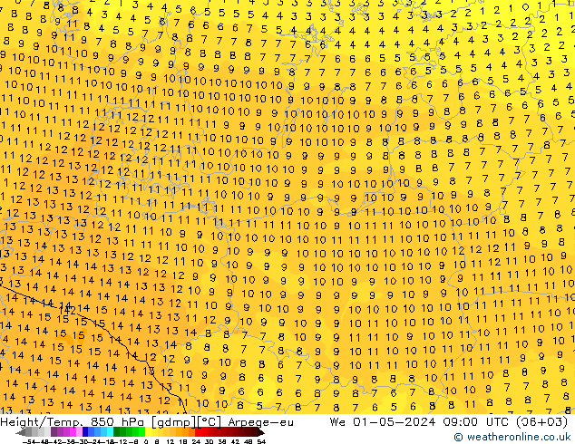 Height/Temp. 850 гПа Arpege-eu ср 01.05.2024 09 UTC