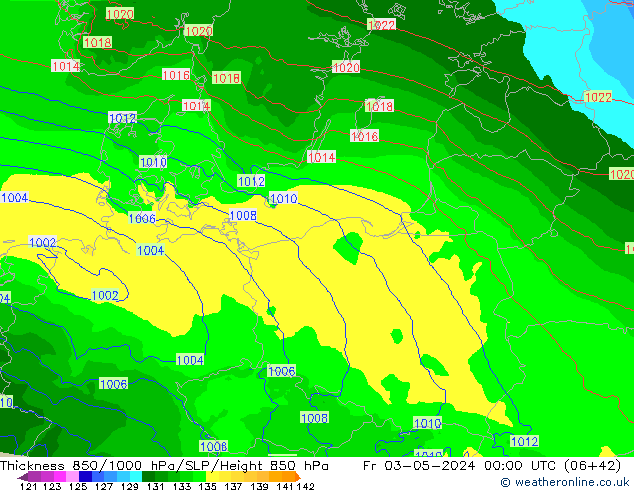 Dikte 850-1000 hPa Arpege-eu vr 03.05.2024 00 UTC