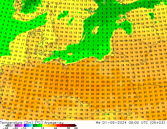 Temperatura (2m) Arpege-eu mié 01.05.2024 09 UTC