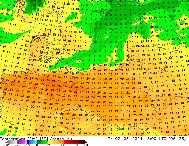 Temperatura (2m) Arpege-eu gio 02.05.2024 18 UTC