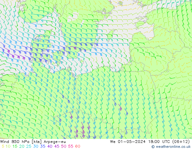 Wind 850 hPa Arpege-eu We 01.05.2024 18 UTC