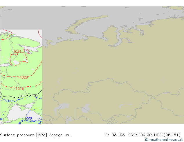 Atmosférický tlak Arpege-eu Pá 03.05.2024 09 UTC