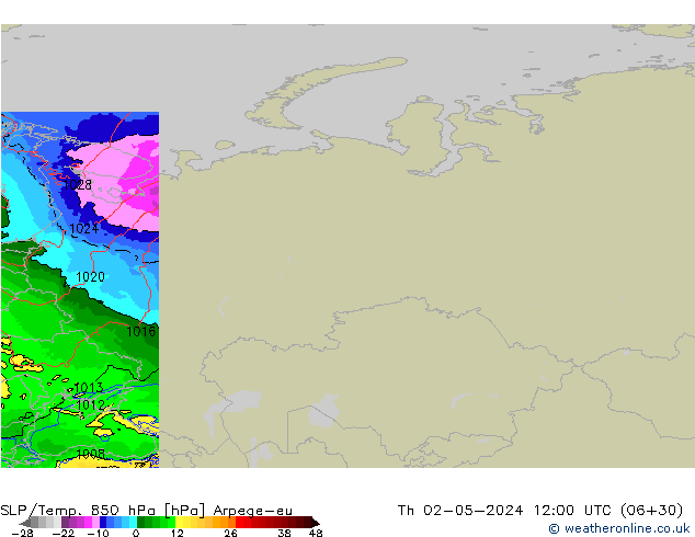 SLP/Temp. 850 hPa Arpege-eu Th 02.05.2024 12 UTC