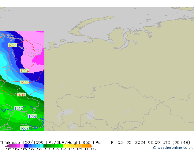 Dikte 850-1000 hPa Arpege-eu vr 03.05.2024 06 UTC