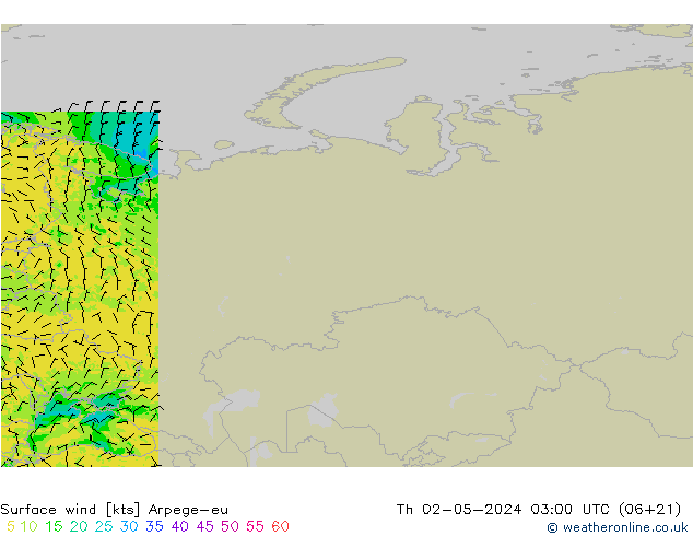 Vento 10 m Arpege-eu Qui 02.05.2024 03 UTC