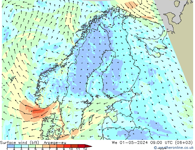 Surface wind (bft) Arpege-eu We 01.05.2024 09 UTC