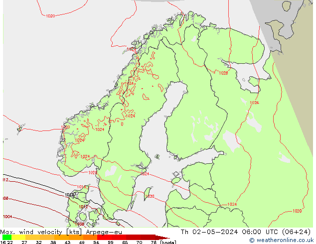 Max. wind velocity Arpege-eu Qui 02.05.2024 06 UTC