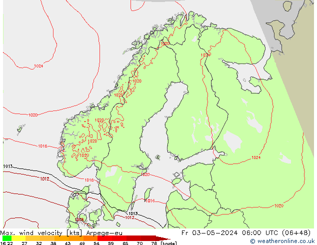 Max. wind velocity Arpege-eu Fr 03.05.2024 06 UTC