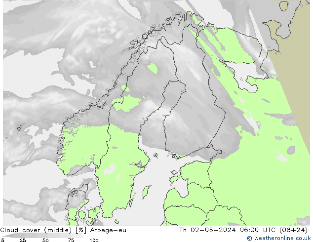 oblačnosti uprostřed Arpege-eu Čt 02.05.2024 06 UTC