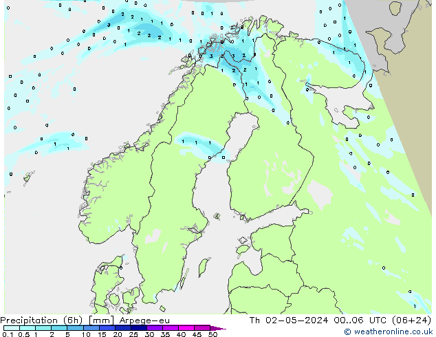 Precipitation (6h) Arpege-eu Čt 02.05.2024 06 UTC