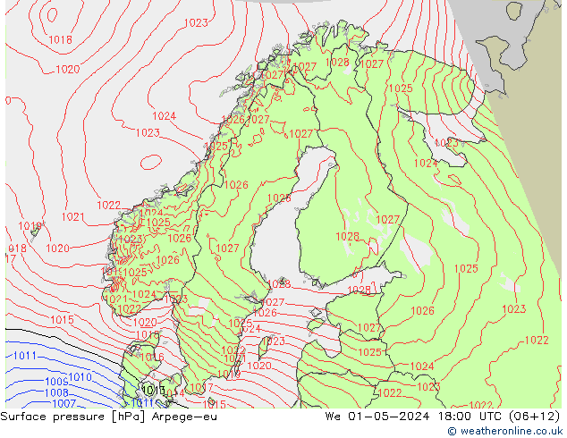 Pressione al suolo Arpege-eu mer 01.05.2024 18 UTC