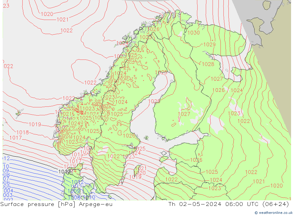 Atmosférický tlak Arpege-eu Čt 02.05.2024 06 UTC