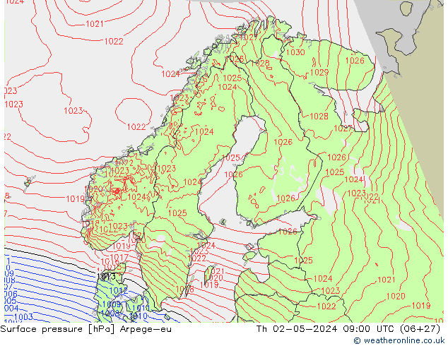 Atmosférický tlak Arpege-eu Čt 02.05.2024 09 UTC