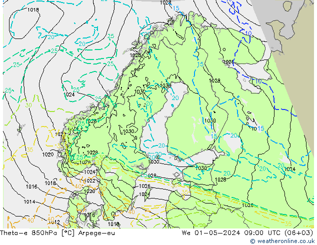 Theta-e 850hPa Arpege-eu Çar 01.05.2024 09 UTC