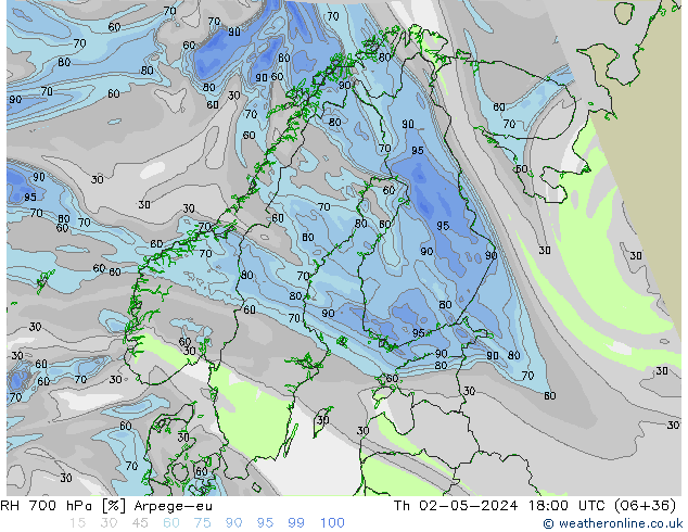 RH 700 hPa Arpege-eu Th 02.05.2024 18 UTC