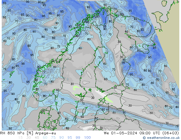 RH 850 hPa Arpege-eu We 01.05.2024 09 UTC