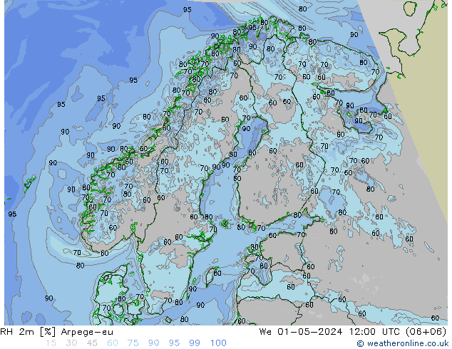 Humidité rel. 2m Arpege-eu mer 01.05.2024 12 UTC