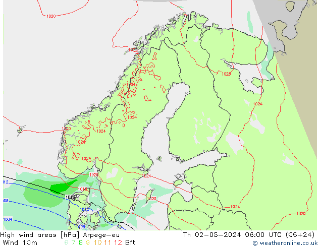 High wind areas Arpege-eu Čt 02.05.2024 06 UTC