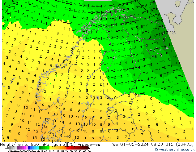 Yükseklik/Sıc. 850 hPa Arpege-eu Çar 01.05.2024 09 UTC