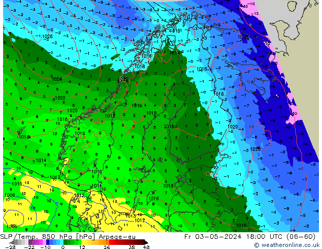 SLP/Temp. 850 hPa Arpege-eu ven 03.05.2024 18 UTC