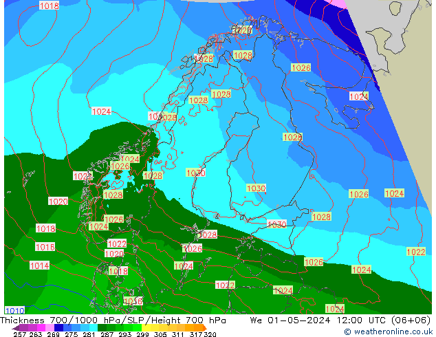 Thck 700-1000 hPa Arpege-eu We 01.05.2024 12 UTC