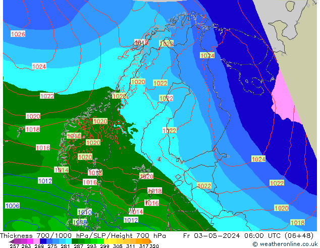 Thck 700-1000 hPa Arpege-eu Pá 03.05.2024 06 UTC