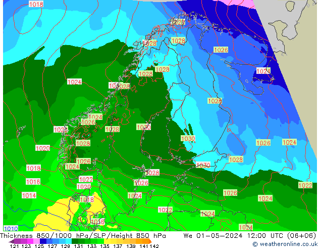 Thck 850-1000 hPa Arpege-eu We 01.05.2024 12 UTC