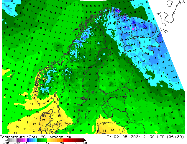 Temperature (2m) Arpege-eu Th 02.05.2024 21 UTC