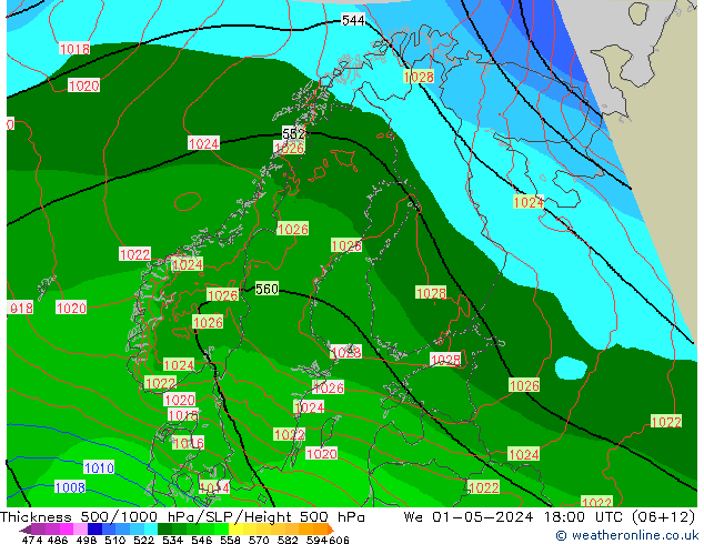 Dikte 500-1000hPa Arpege-eu wo 01.05.2024 18 UTC