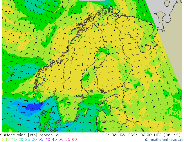 Vento 10 m Arpege-eu Sex 03.05.2024 00 UTC