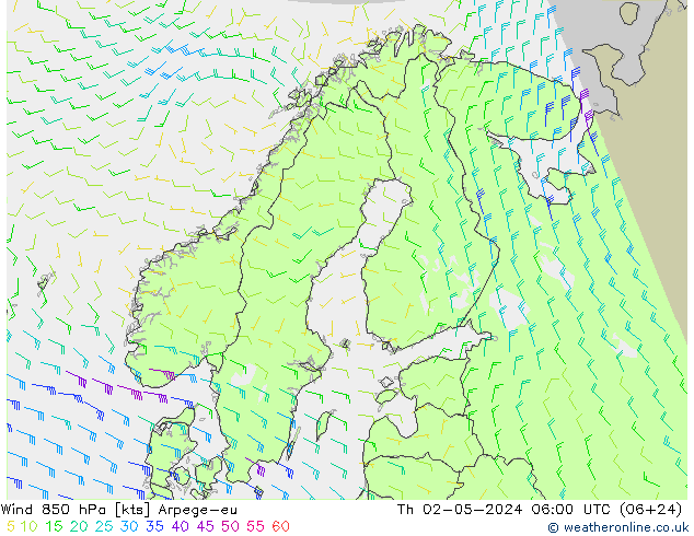 Wind 850 hPa Arpege-eu Th 02.05.2024 06 UTC