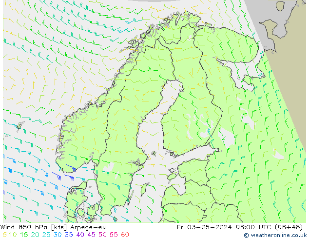 Wind 850 hPa Arpege-eu Fr 03.05.2024 06 UTC