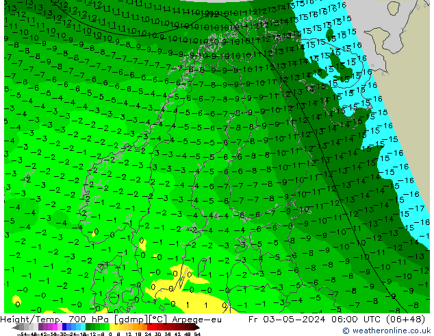 Height/Temp. 700 hPa Arpege-eu Pá 03.05.2024 06 UTC