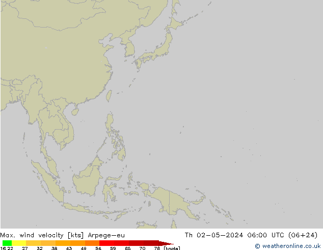 Max. wind velocity Arpege-eu Qui 02.05.2024 06 UTC