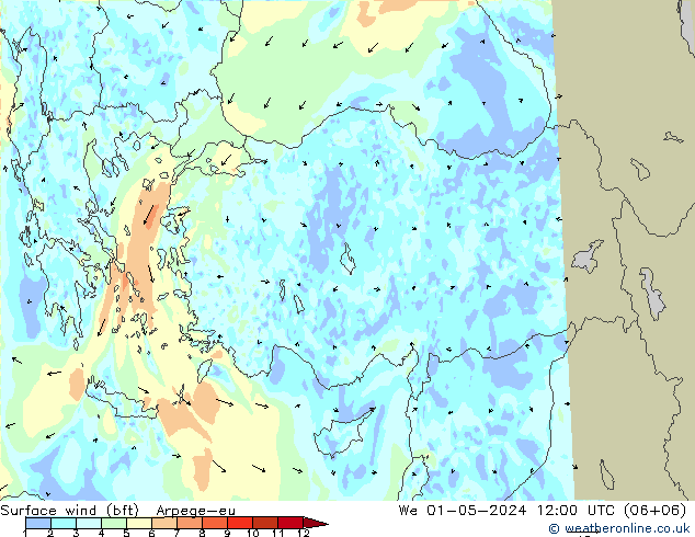 Rüzgar 10 m (bft) Arpege-eu Çar 01.05.2024 12 UTC