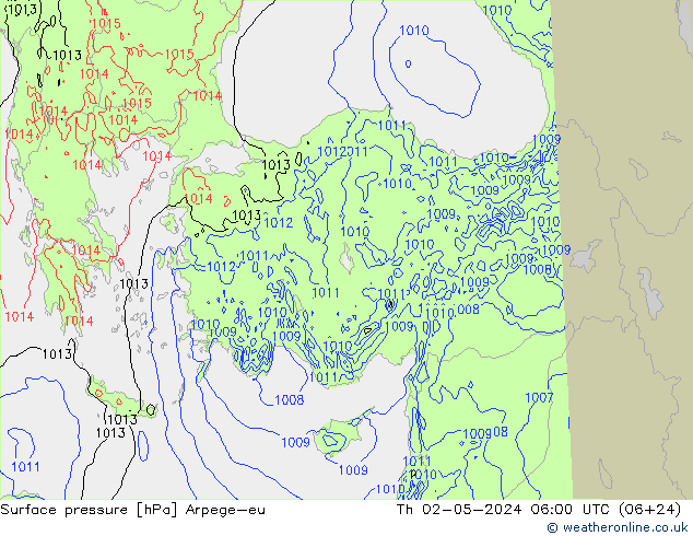 Presión superficial Arpege-eu jue 02.05.2024 06 UTC