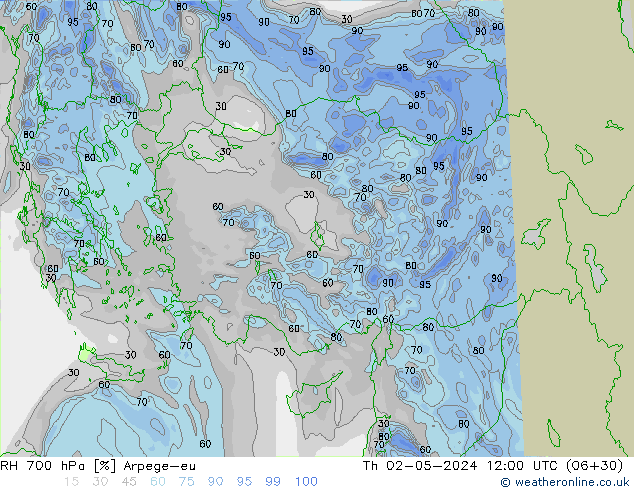 RH 700 hPa Arpege-eu gio 02.05.2024 12 UTC