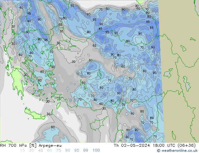 RH 700 hPa Arpege-eu gio 02.05.2024 18 UTC