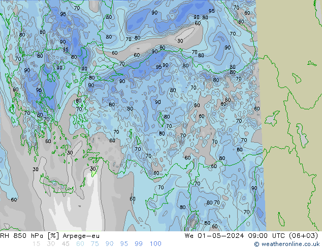 RH 850 hPa Arpege-eu We 01.05.2024 09 UTC