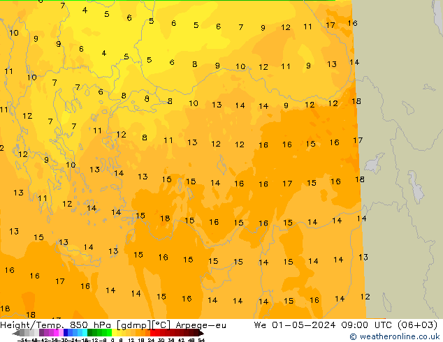 Hoogte/Temp. 850 hPa Arpege-eu wo 01.05.2024 09 UTC