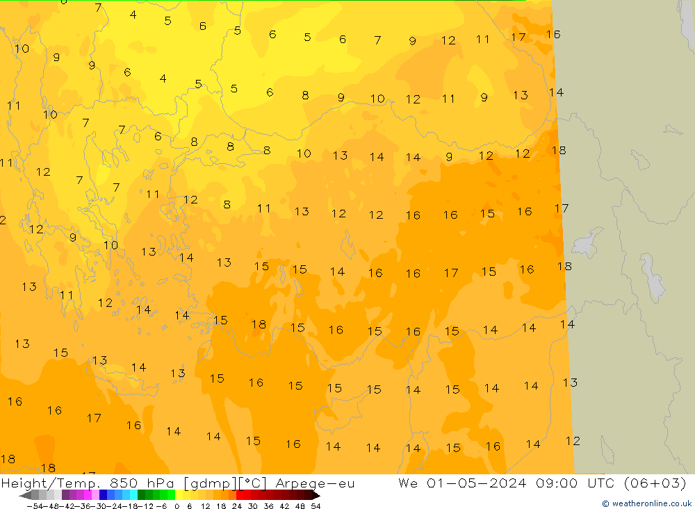 Yükseklik/Sıc. 850 hPa Arpege-eu Çar 01.05.2024 09 UTC