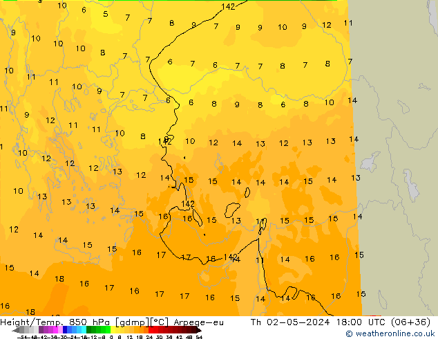 Geop./Temp. 850 hPa Arpege-eu jue 02.05.2024 18 UTC