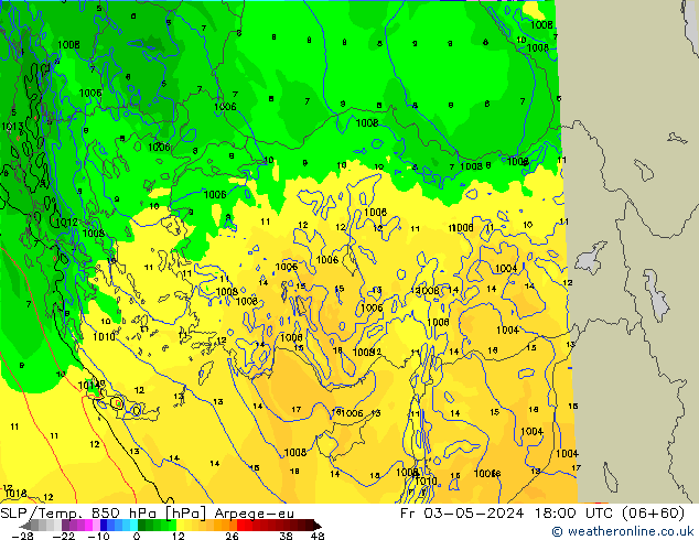 850 hPa Yer Bas./Sıc Arpege-eu Cu 03.05.2024 18 UTC