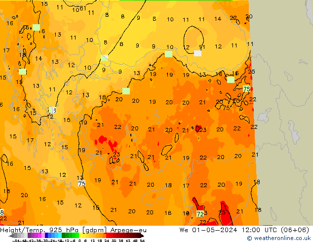 Yükseklik/Sıc. 925 hPa Arpege-eu Çar 01.05.2024 12 UTC