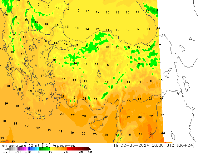 température (2m) Arpege-eu jeu 02.05.2024 06 UTC